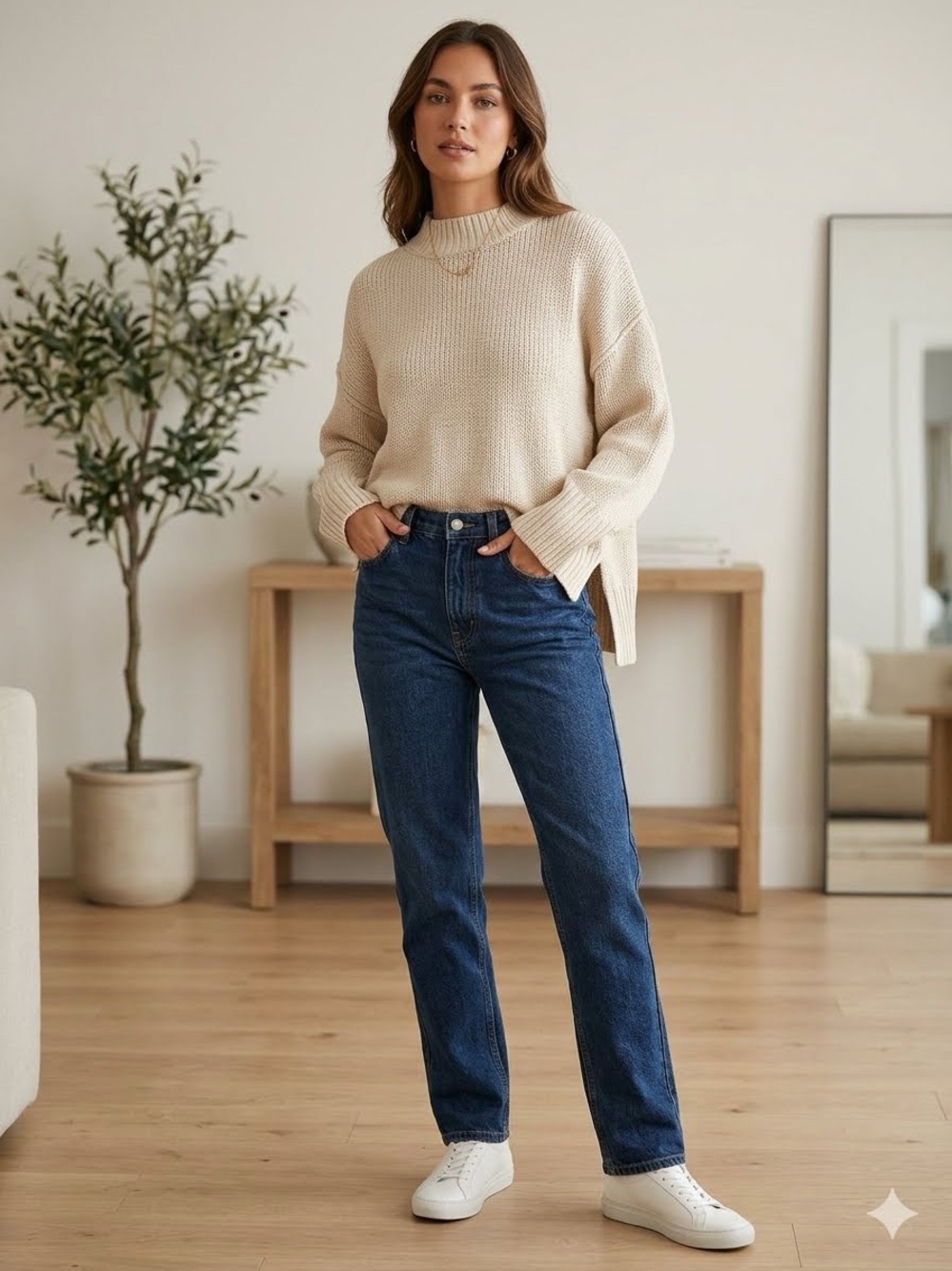 Bluenotes Beige Oversized Knit Crewneck Sweater